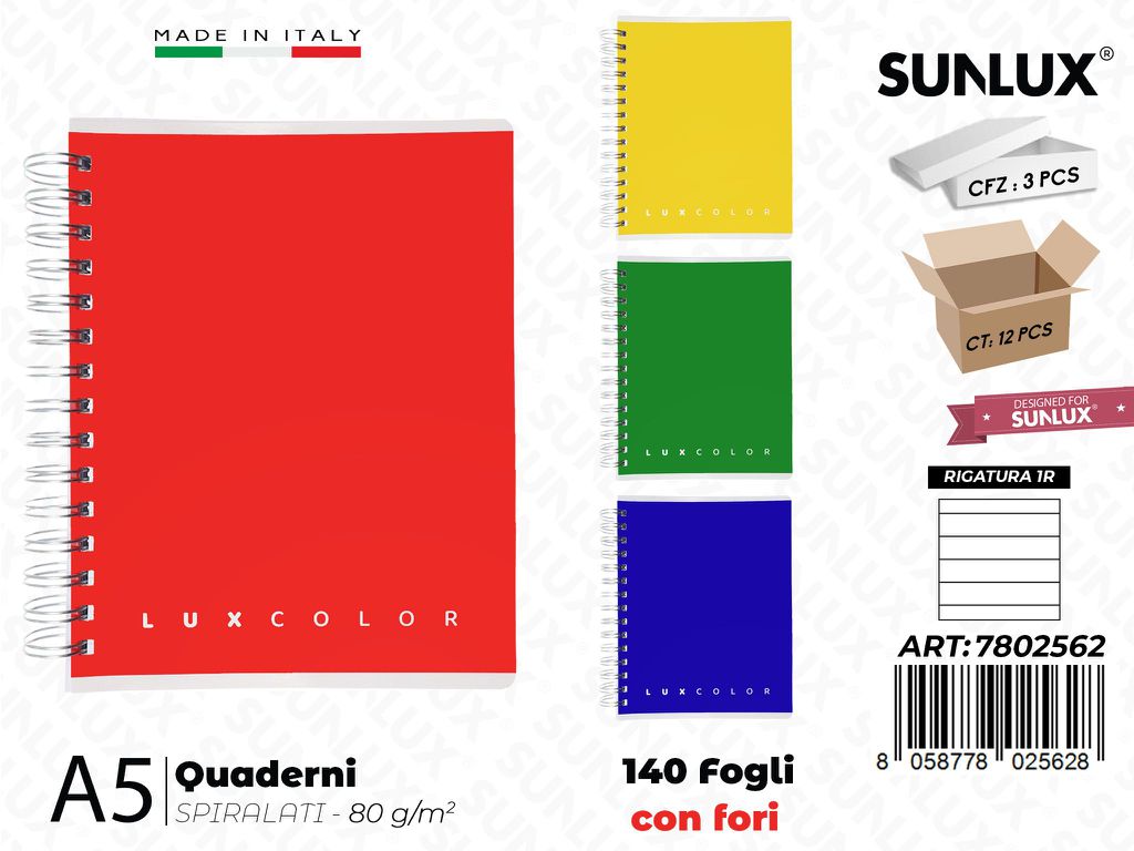 1R Luxcolor Quaderni A5 Spiral. 140FF c/Fori 80GR