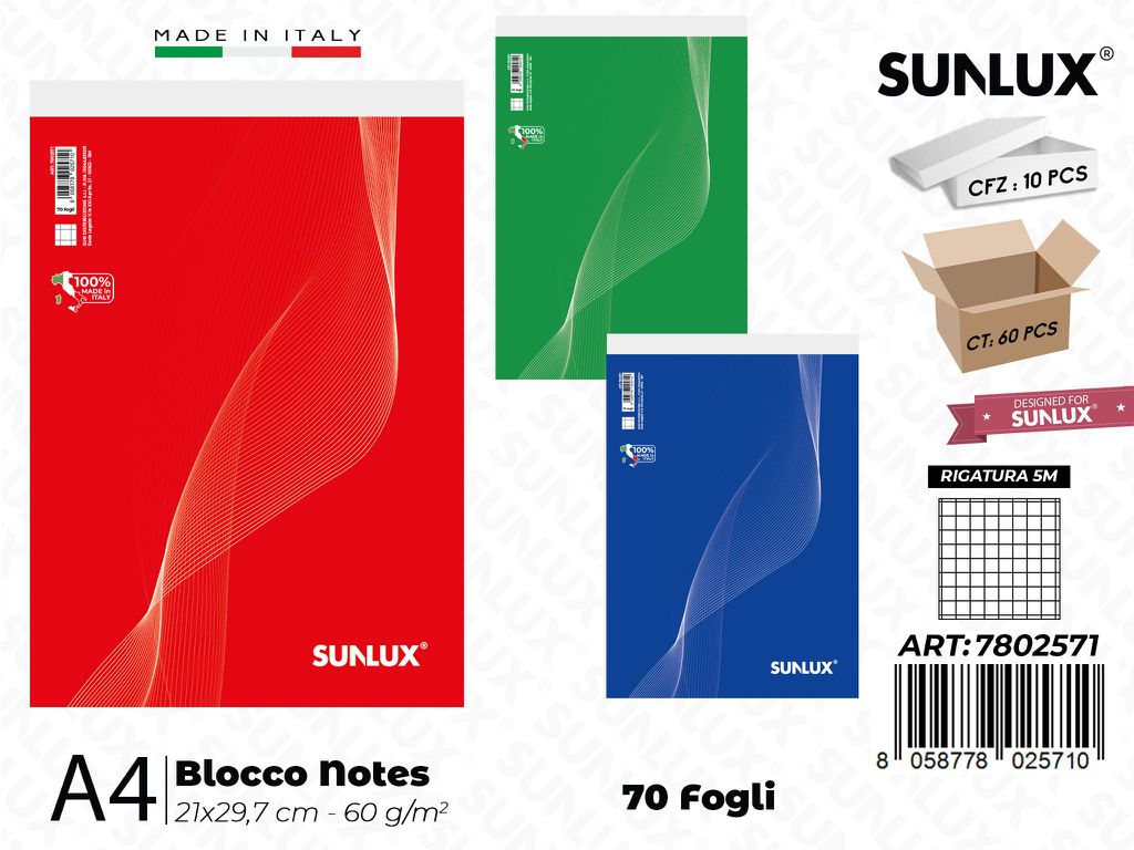 5M Sunlux Blocco Notes A4 21*29.7CM 70FF 60GR