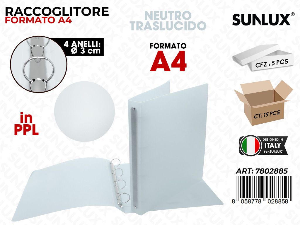 Raccoglitore 4ANELLI Pp Neutro Trasl. A4 D.3CM