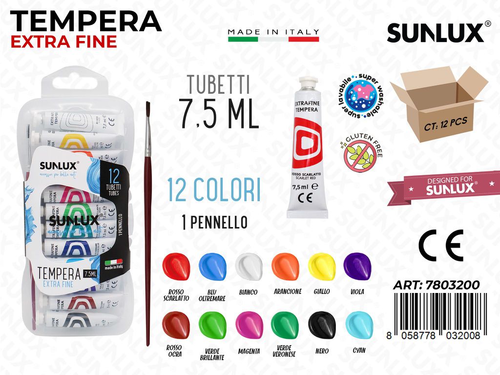 Tempera 12COL. 7.5ML c/Pennello / Pz da 12