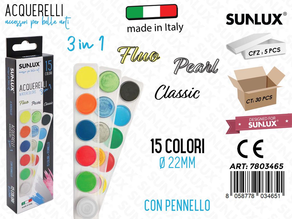 Acquerelli Ventaglio 15COL. Classici-perlati-fluo D.22MM