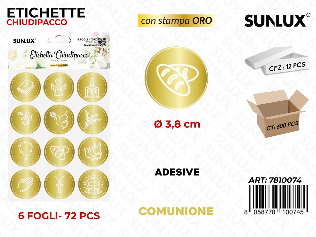 Sunlux Etichette Chiudipacco Comunione 72PCS 6FF 3.8CM