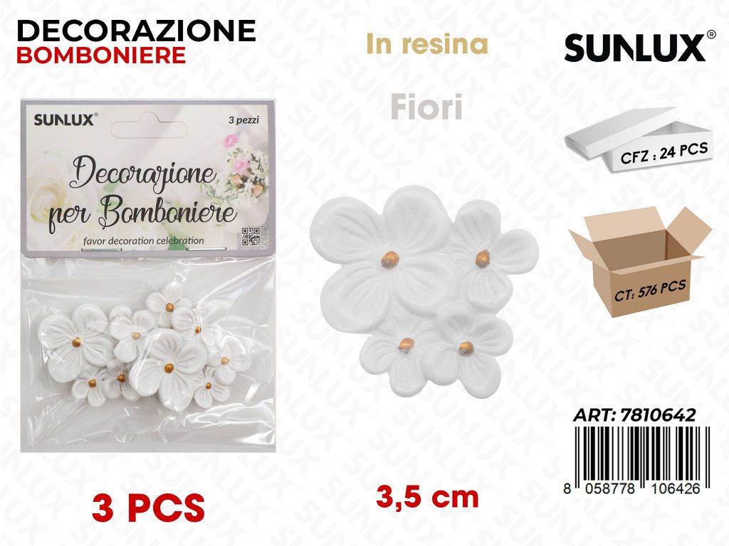 Sunlux Dec. Bomb. Resina Fiori Bia. 3PCS 3.5CM