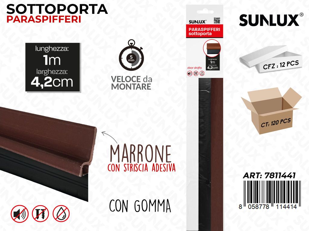 Sunlux Sottoporta Paraspifferi Marrone 1M*4.2CM con Gomma