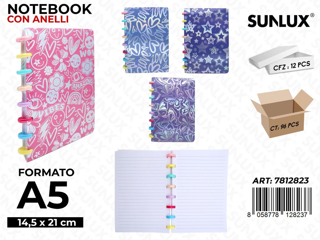 Sunlux Notebook c/Anelli F.to A5 14.5*21CM Ass.