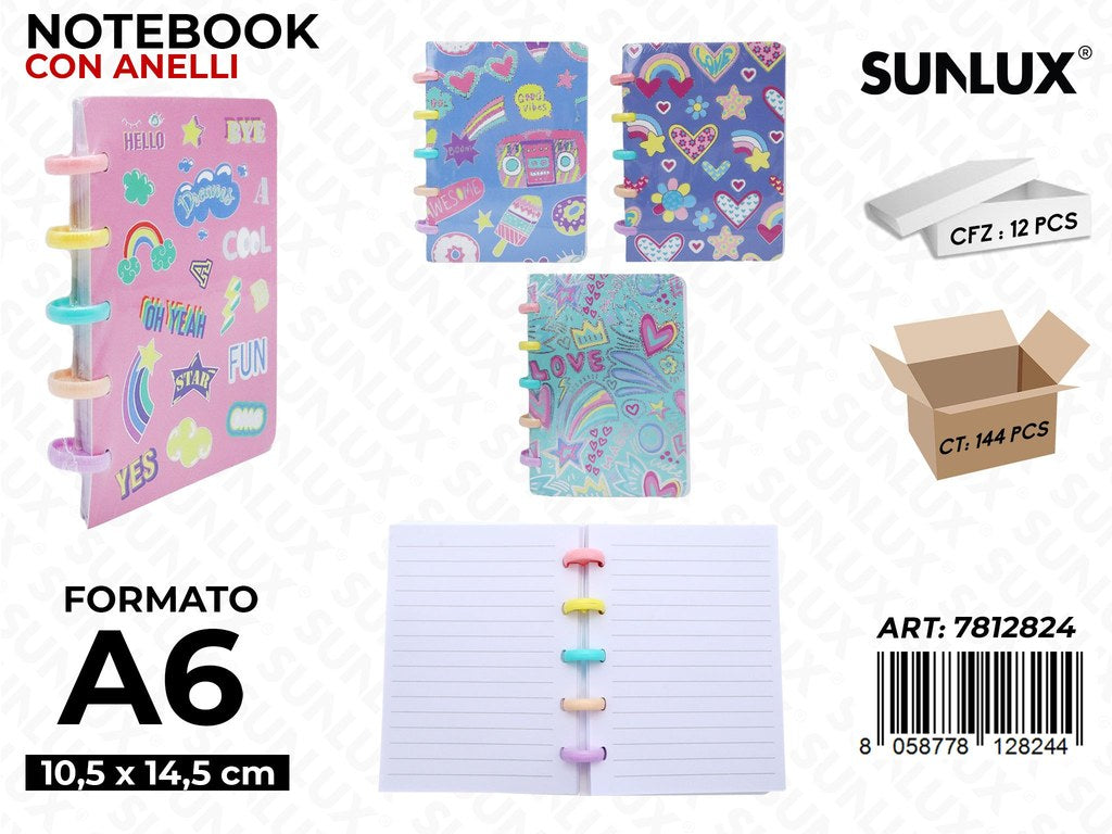 Sunlux Notebook c/Anelli F.to A6 10.5*14.5CM Ass.