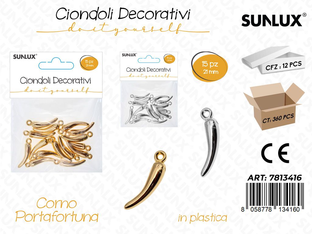 Sunlux Ciondoli Dec. Plast. Cornetti 15PCS 21MM