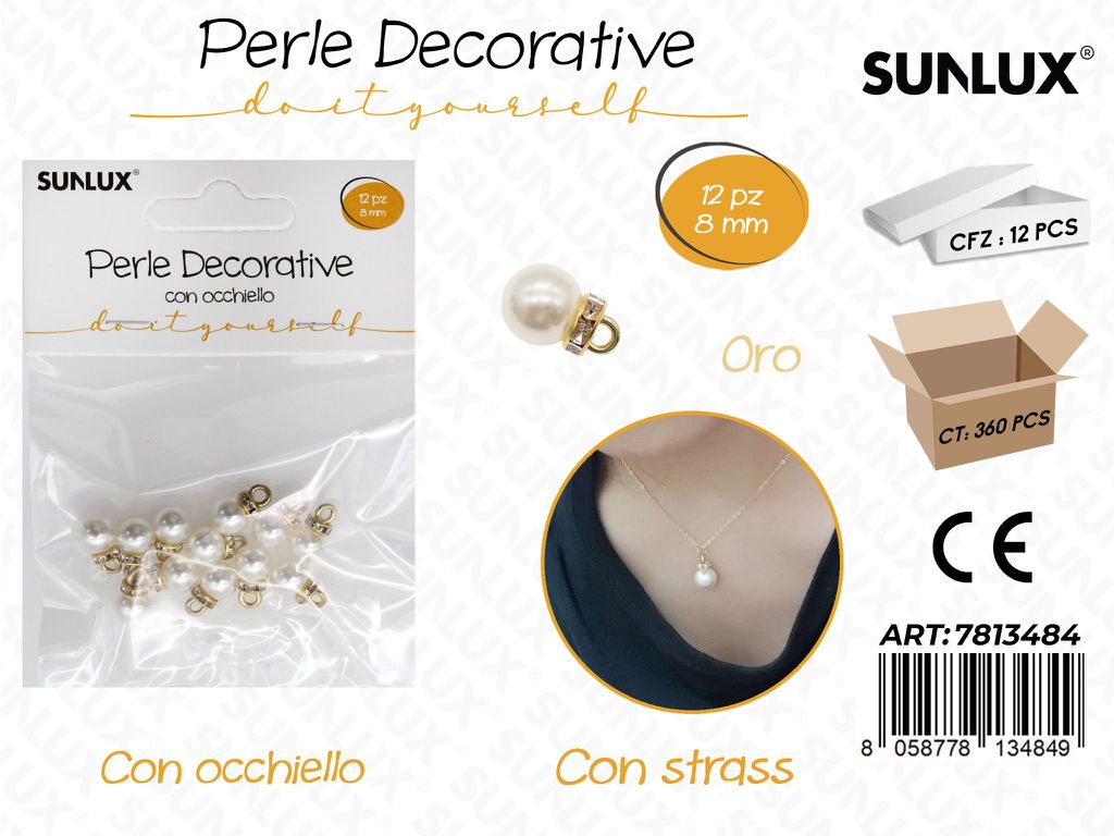 Sunlux Perle Dec. c/ Ochhiello Oro 12PCS 8MM