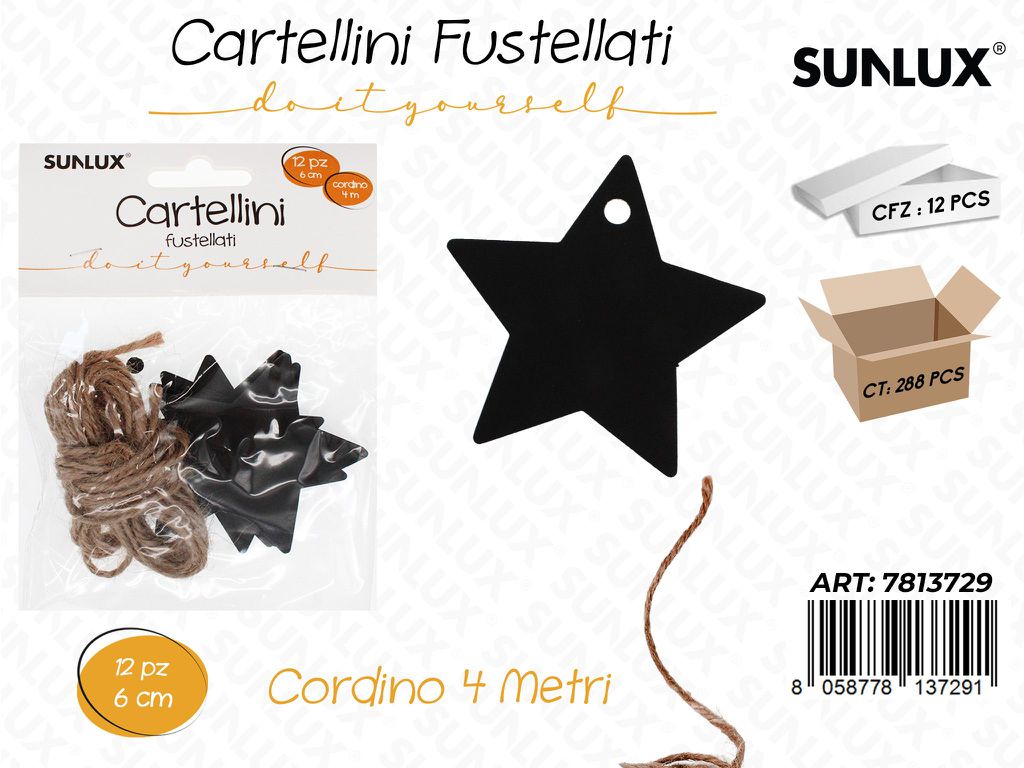 Sunlux Cartellini Fustellati 12PCS 6CM c/ Cordino 4MT