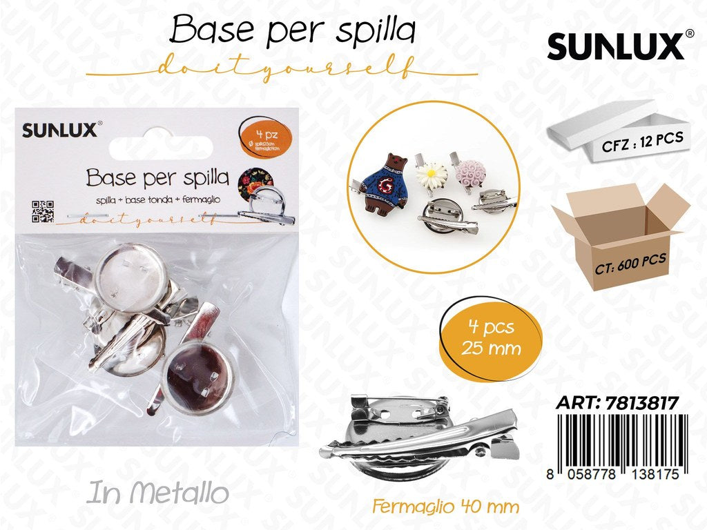 Sunlux Base per Spilla Metallo 4PCS 25MM