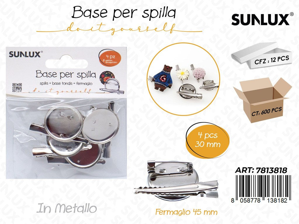 Sunlux Base per Spilla Metallo 4PCS 30MM