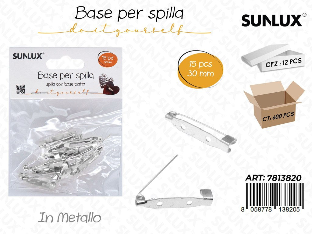 Sunlux Base per Spilla Metallo 15PCS 30MM