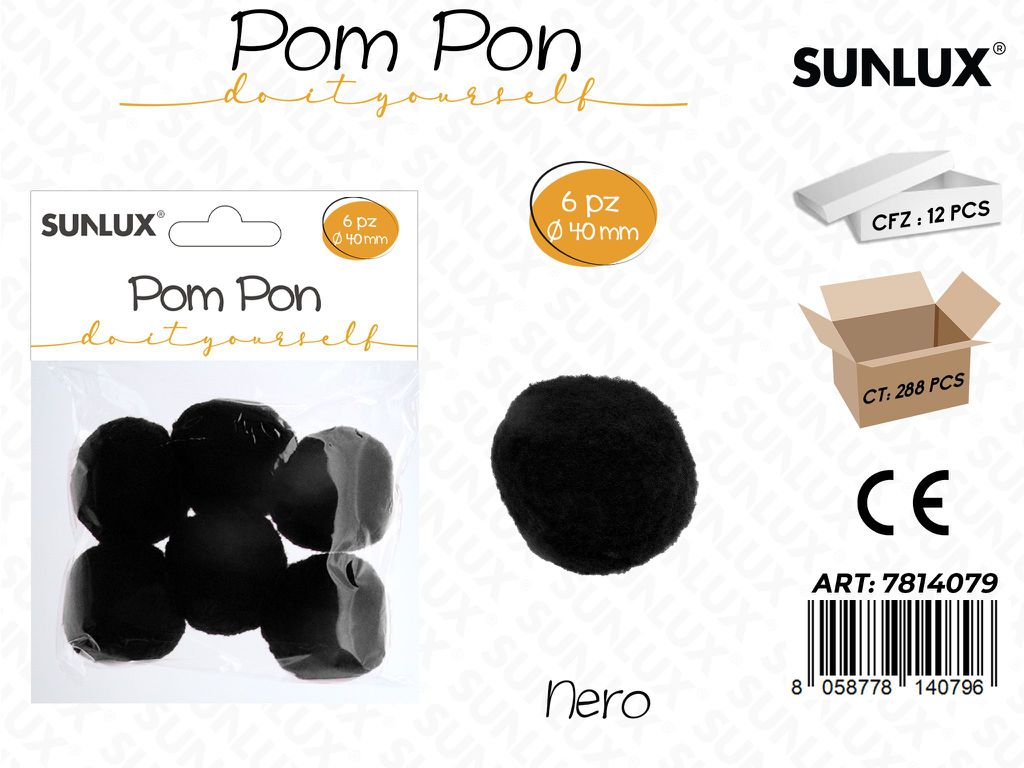Sunlux Pompon Nero 6PCS D.40MM