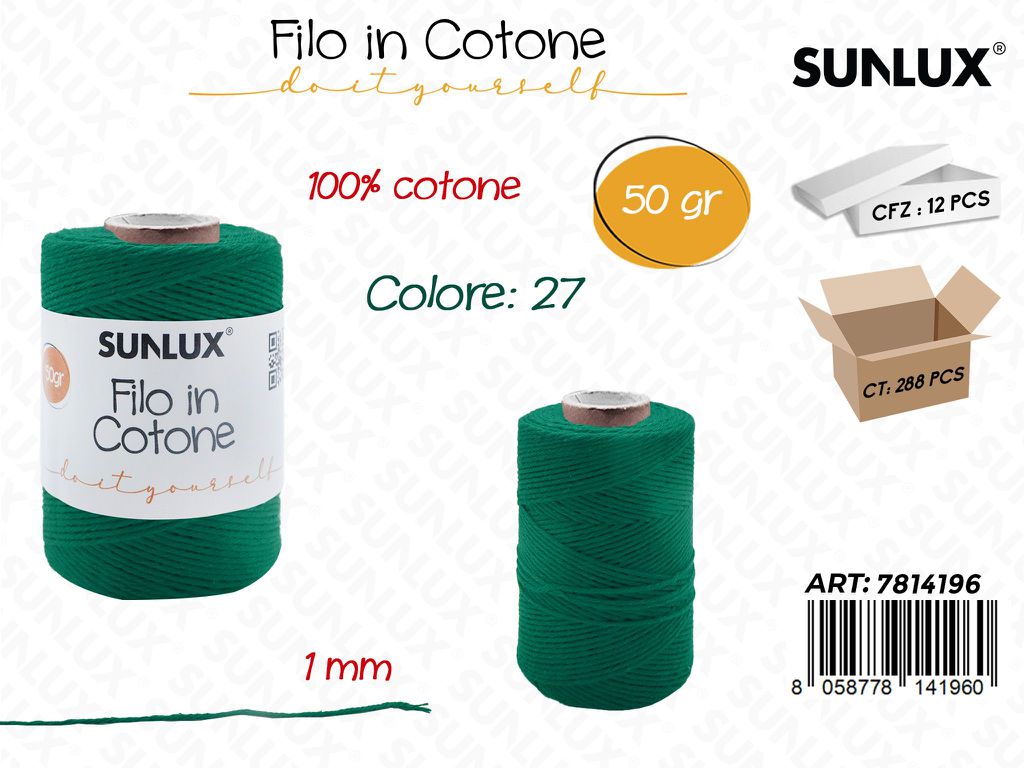 Sunlux Filo in Cotone Verde Erba D27 50G 1MM