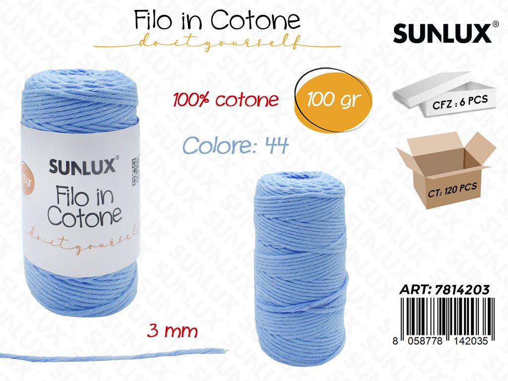 Sunlux Filo in Cotone Azzurro M44 100G 3MM