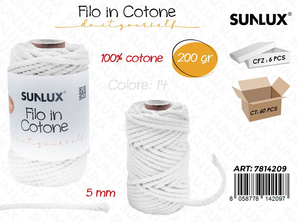 Sunlux Filo in Cotone Bianco 14 200G 5MM