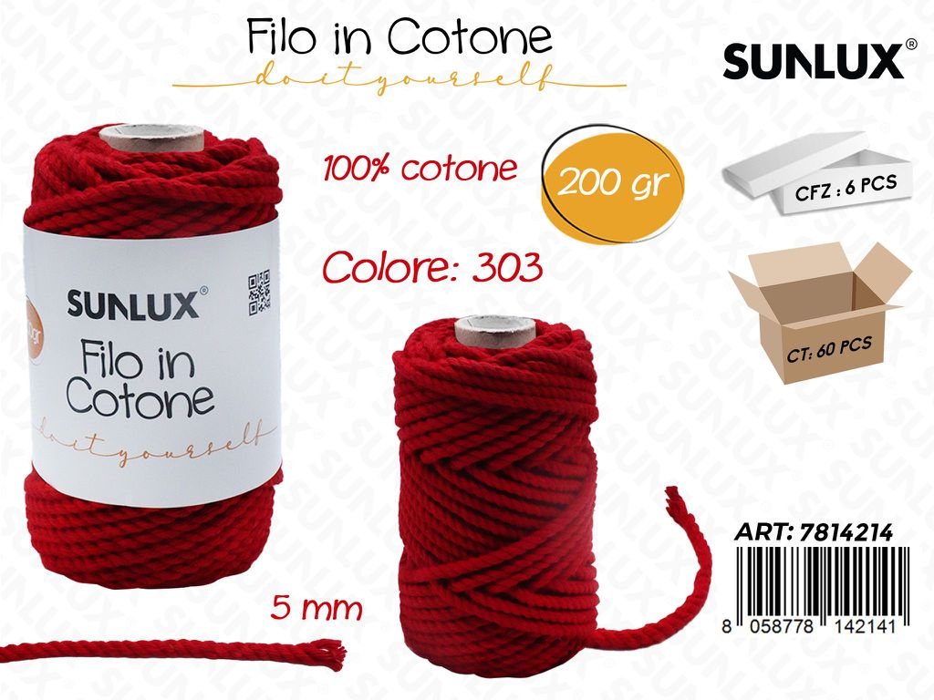 Sunlux Filo in Cotone Rosso Vino D303 200G 5MM
