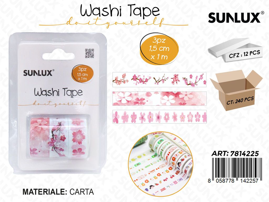 Sunlux Washi Tape 3PCS Ass. 1.5CM*1MT