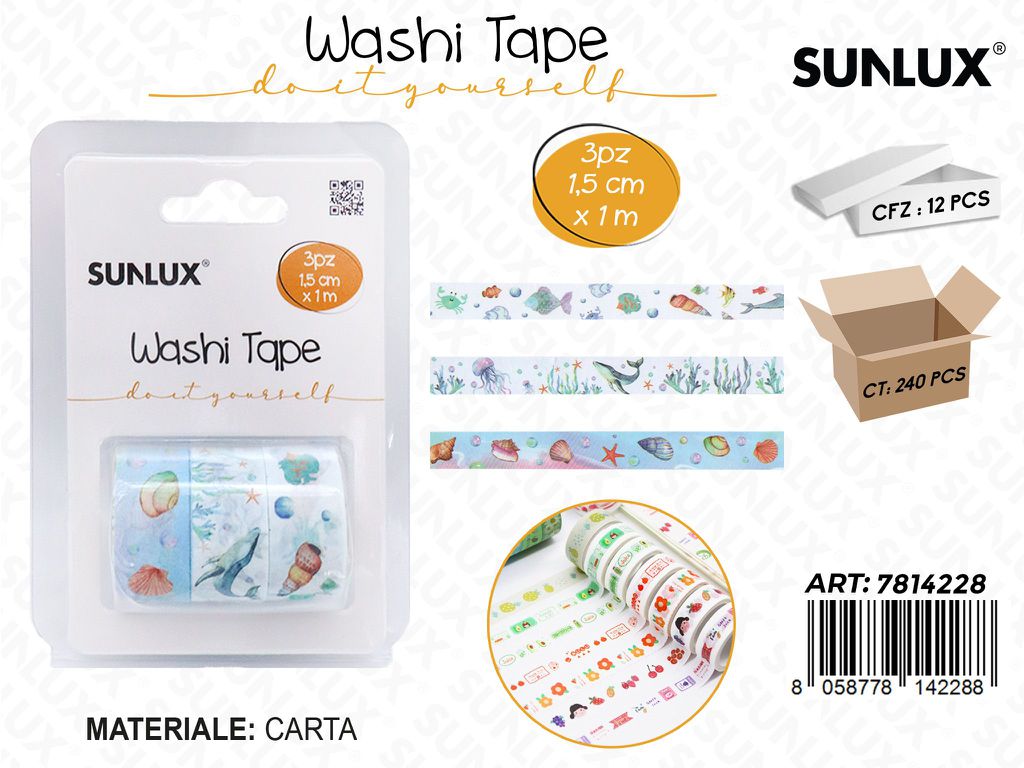 Sunlux Washi Tape 3PCS Ass. 1.5CM*1MT