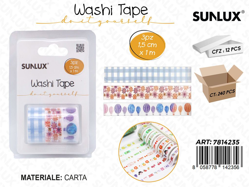 Sunlux Washi Tape 3PCS Ass. 1.5CM*1MT