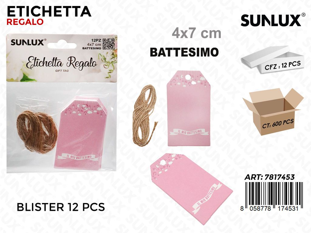 Sunlux Etichetta Battesimo Rosa 12PCS 4*7CM