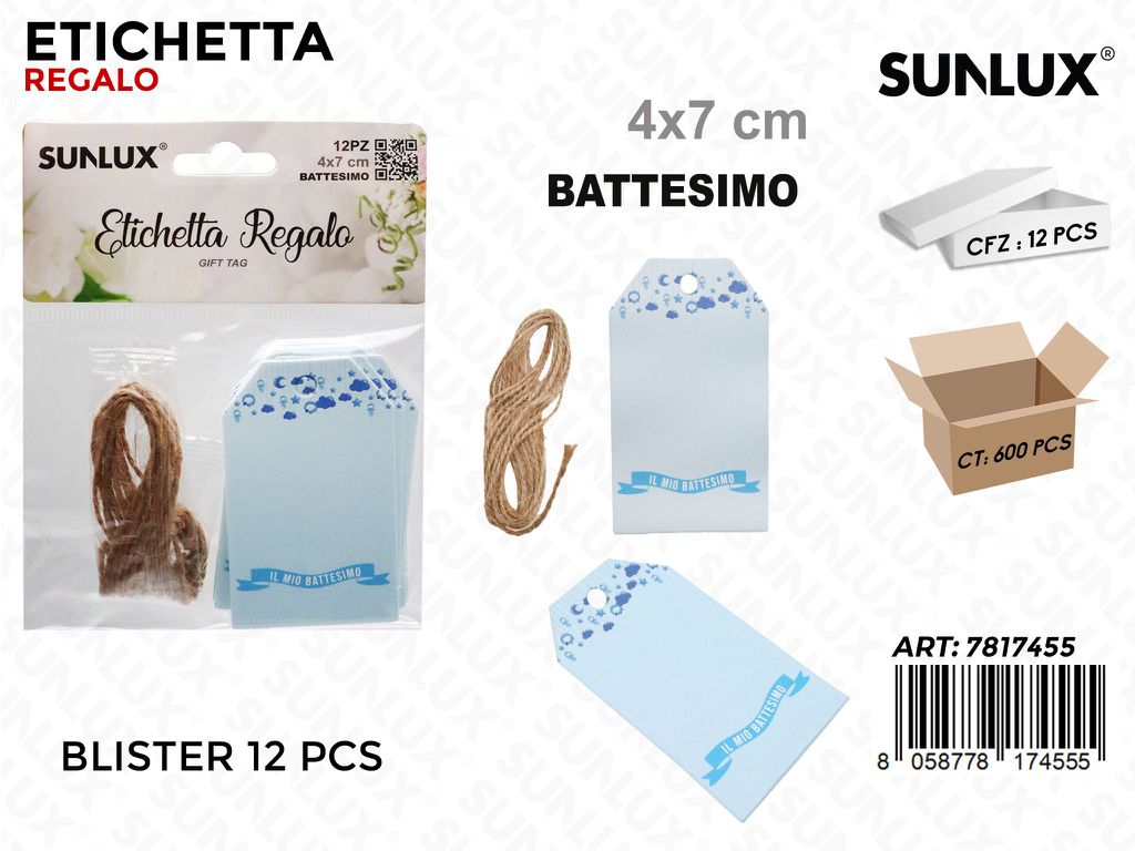Sunlux Etichetta Battesimo Celeste 12PCS 4*7CM