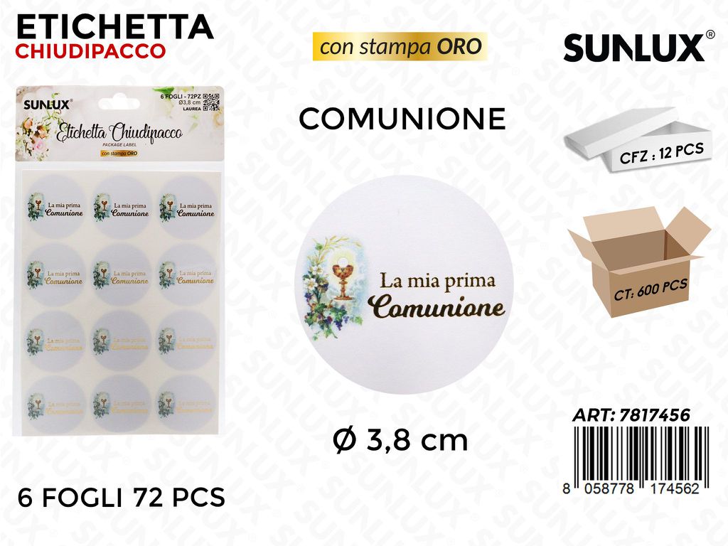 Sunlux Etichetta Chiudipacco Comunione 72PCS D.3.8CM
