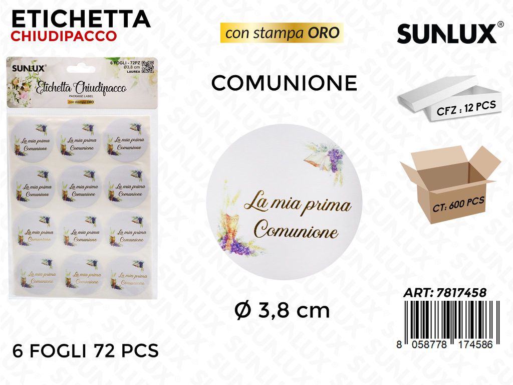 Sunlux Etichetta Chiudipacco Comunione 72PCS D.3.8CM