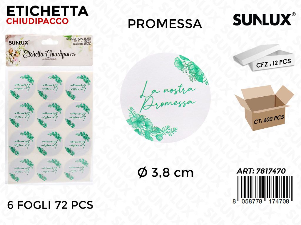 Sunlux Etichetta Chiudipacco Promessa 72PCS D.3.8CM