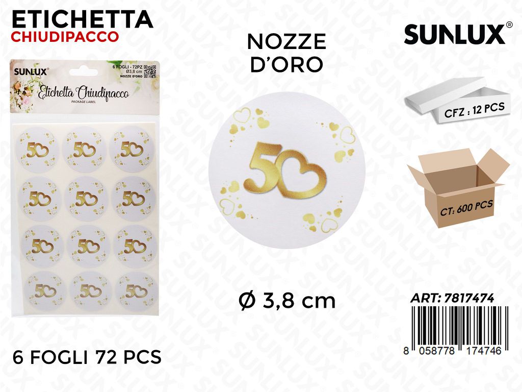 Sunlux Etichetta Chiudipacco Nozze Oro 72PCS D.3.8CM