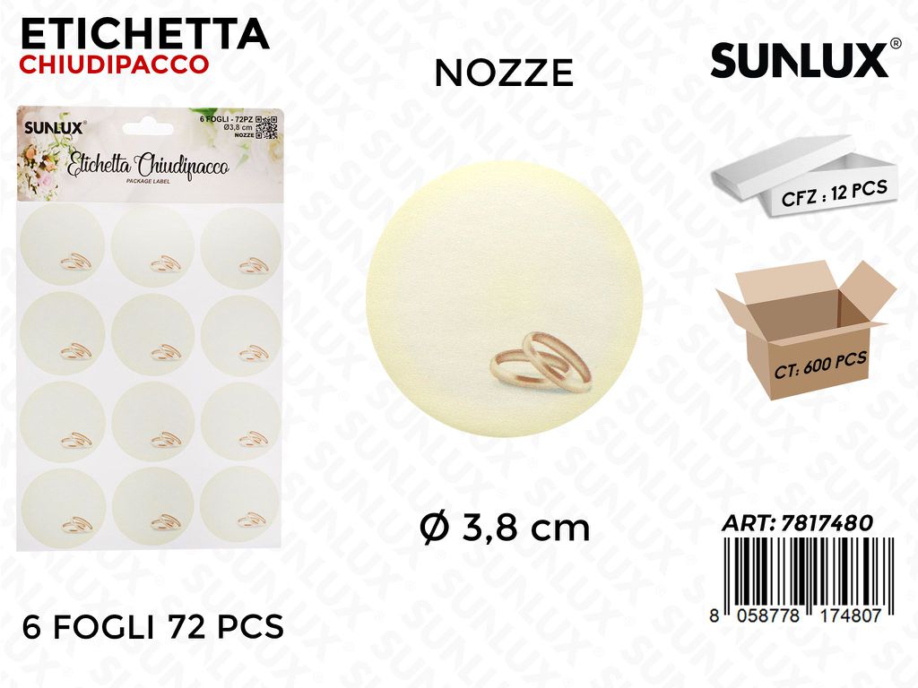 Sunlux Etichetta Chiudipacco Nozze 72PCS D.3.8CM