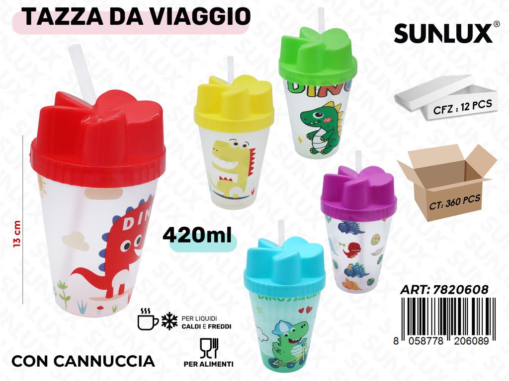 Sunlux Tazza da Viaggio c/Cannuccia Ass. 420ML 13CM