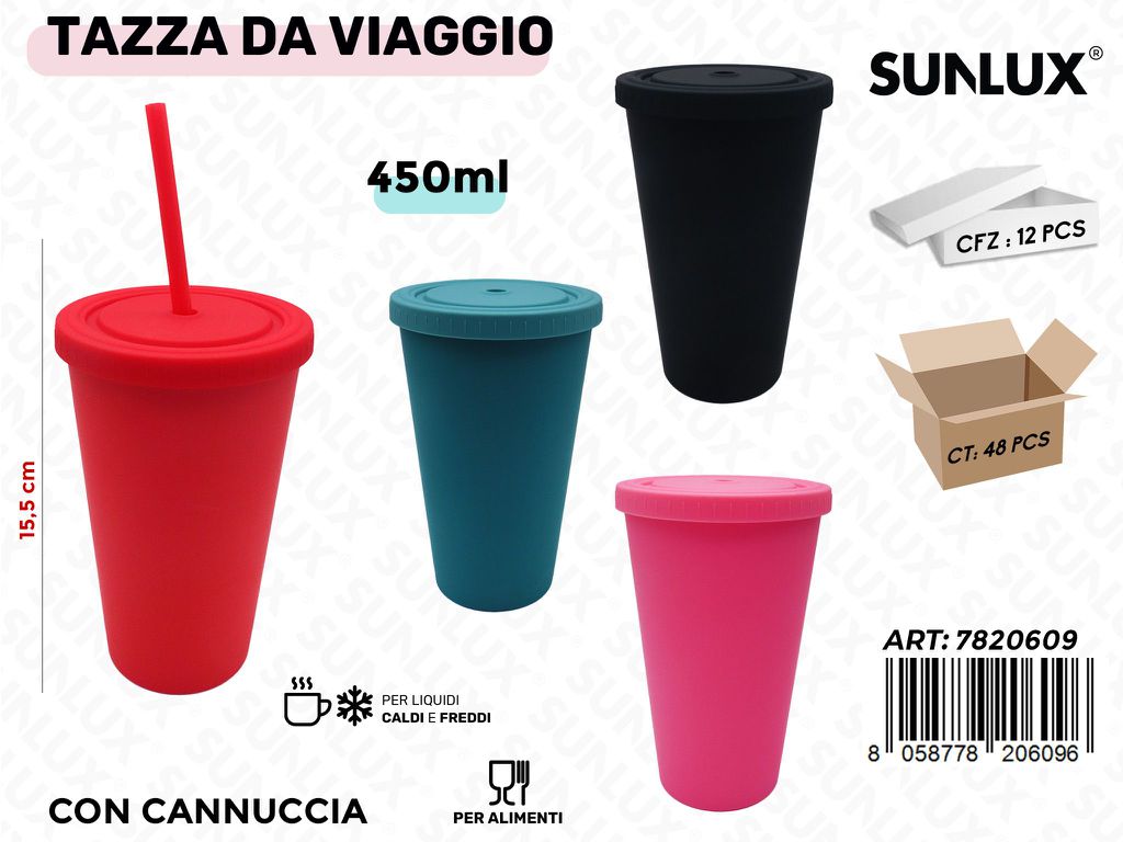 Sunlux Tazza da Viaggio c/Cannuccia Ass. 450ML 15.5CM
