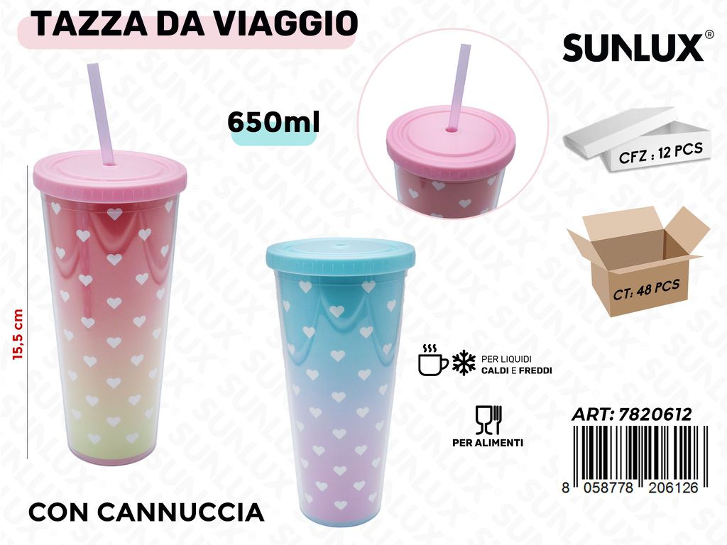 Sunlux Tazza da Viaggio c/Cannuccia Ass. 650ML 15.5CM