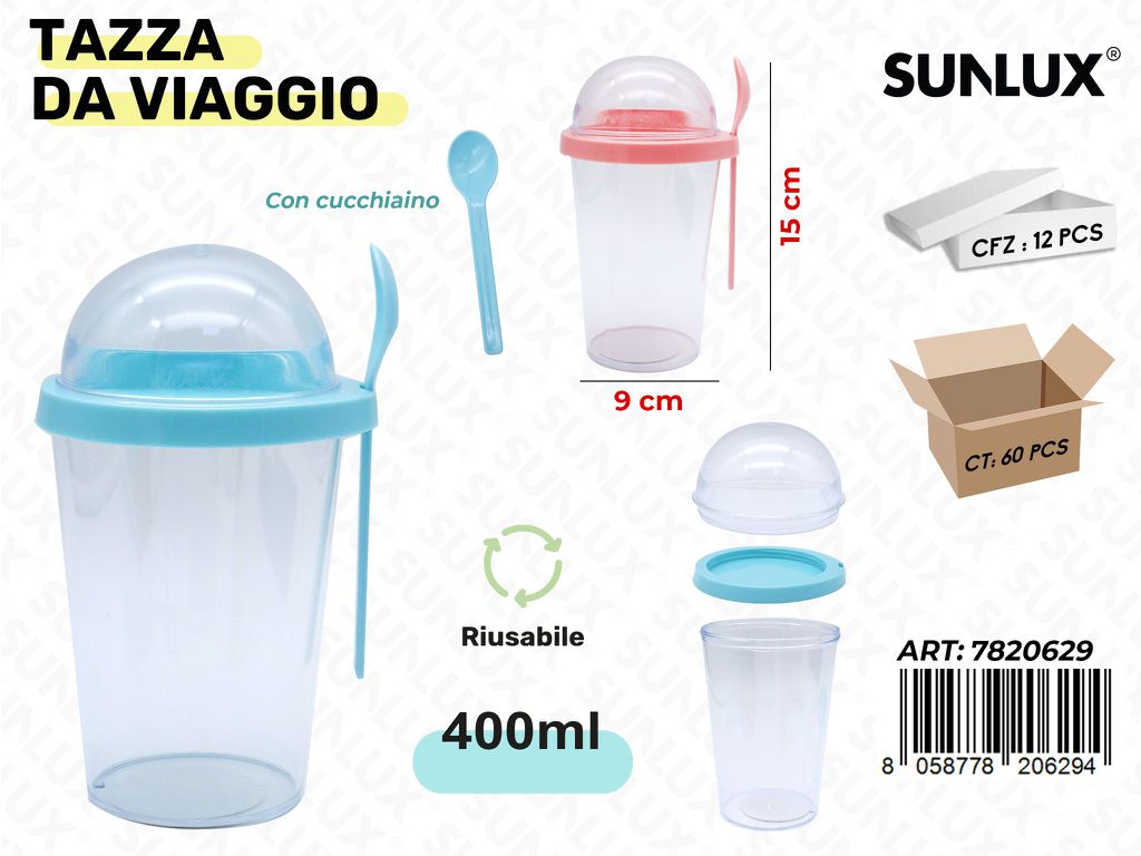 Sunlux Tazza da Viaggio c/Cucchiaino Ass. 400ML 9*15CM