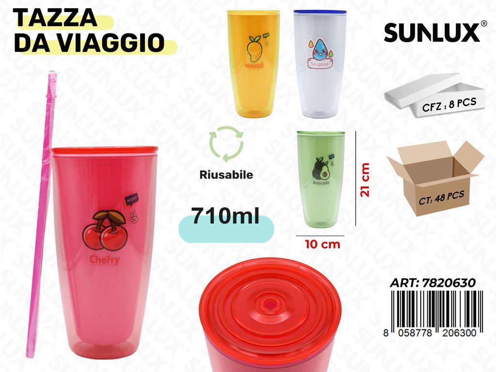 Sunlux Tazza da Viaggio c/Cannuccia Ass. 710ML 10*21CM