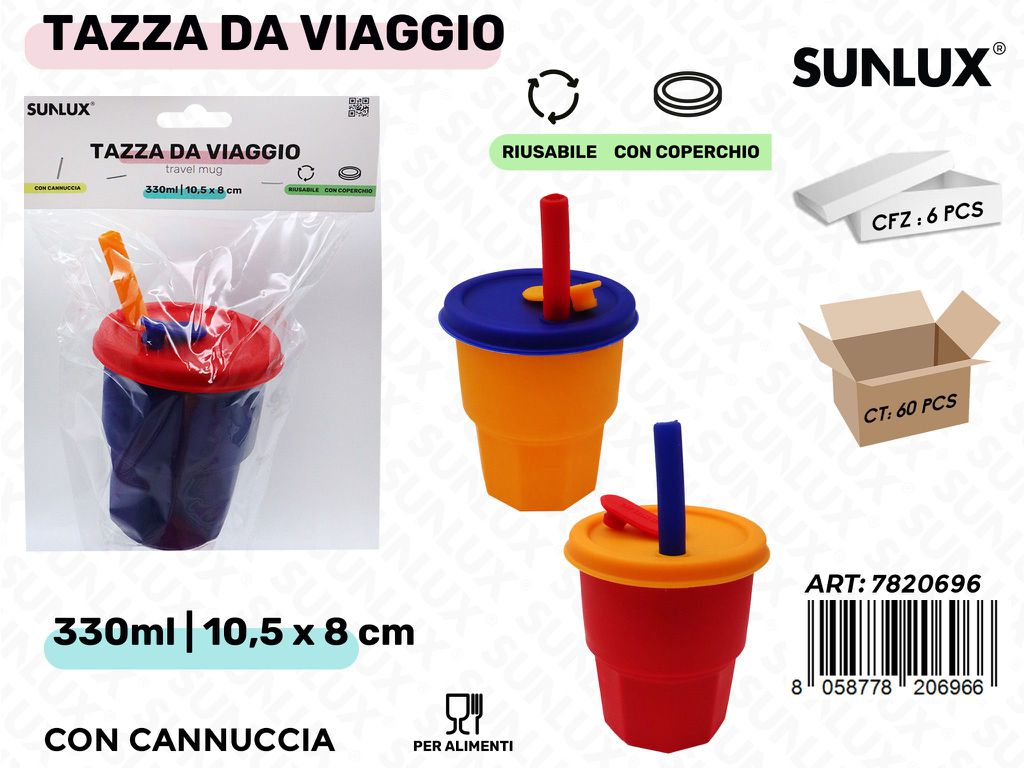 Sunlux Tazza da Viaggio c/Cannuccia Ass. 330ML 10.5*8CM