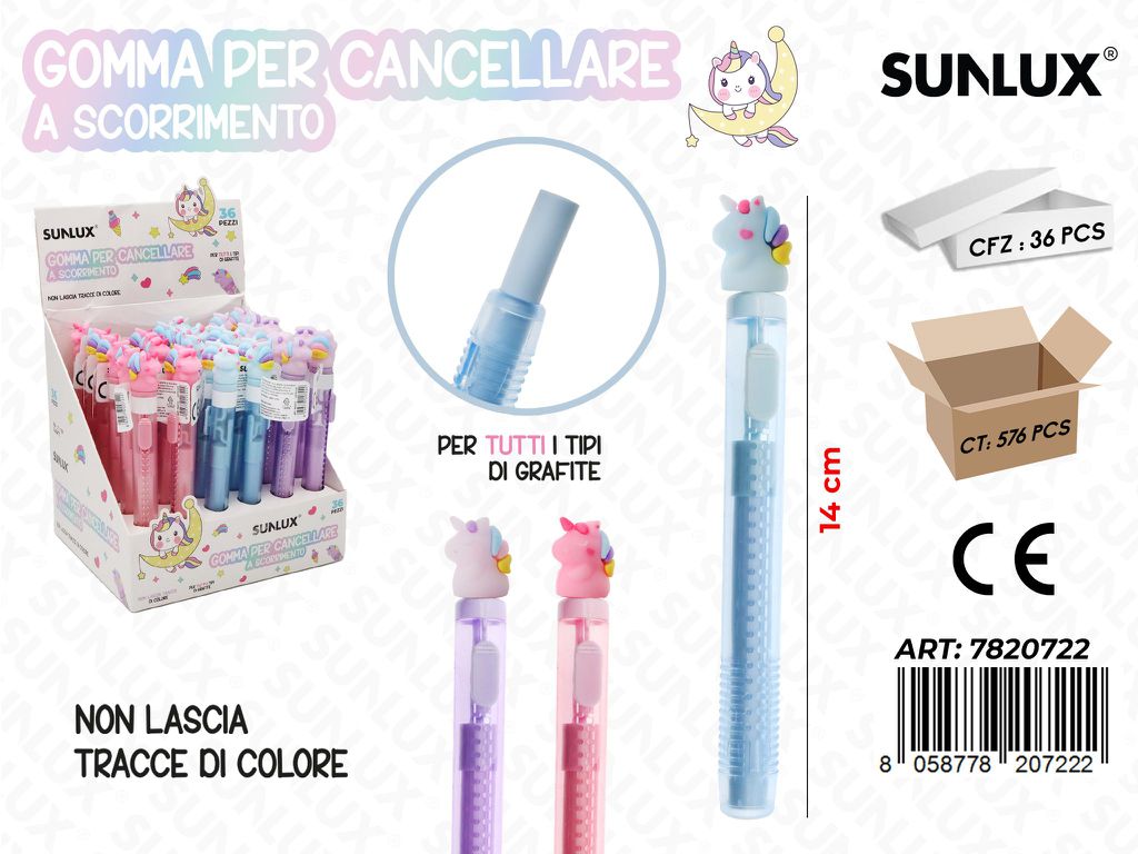 Gomma Per Cancellare Scorr. Unicorn 14Cm Ass.