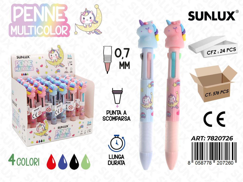 Penne Multicolor Unicorn 4Col. 0.7Mm Ass.