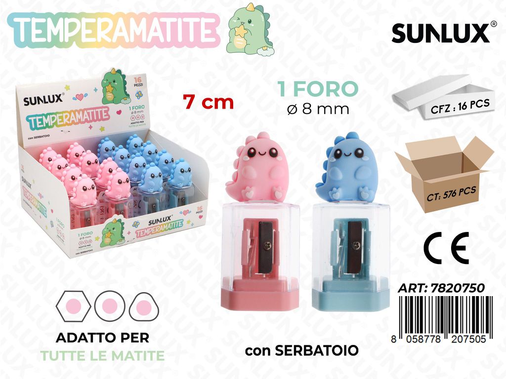 Temperamatite C/Serb. 1Foro Dino 7Cm Ass.
