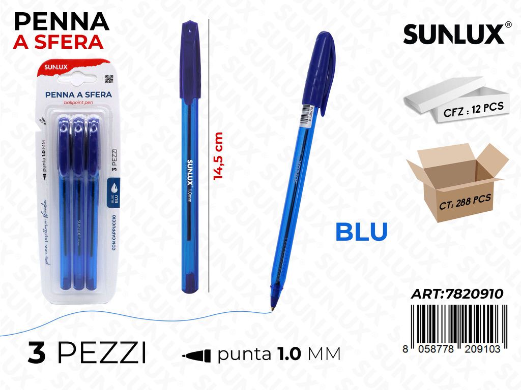 Sunlux Penna a Sfera Blu 3PCS 1.0MM