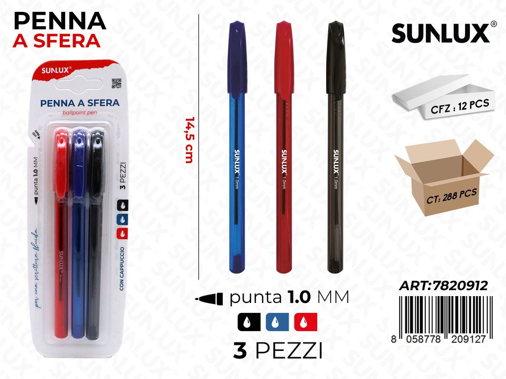 Sunlux Penna a Sfera Col. Ass. 3PCS 1.0MM
