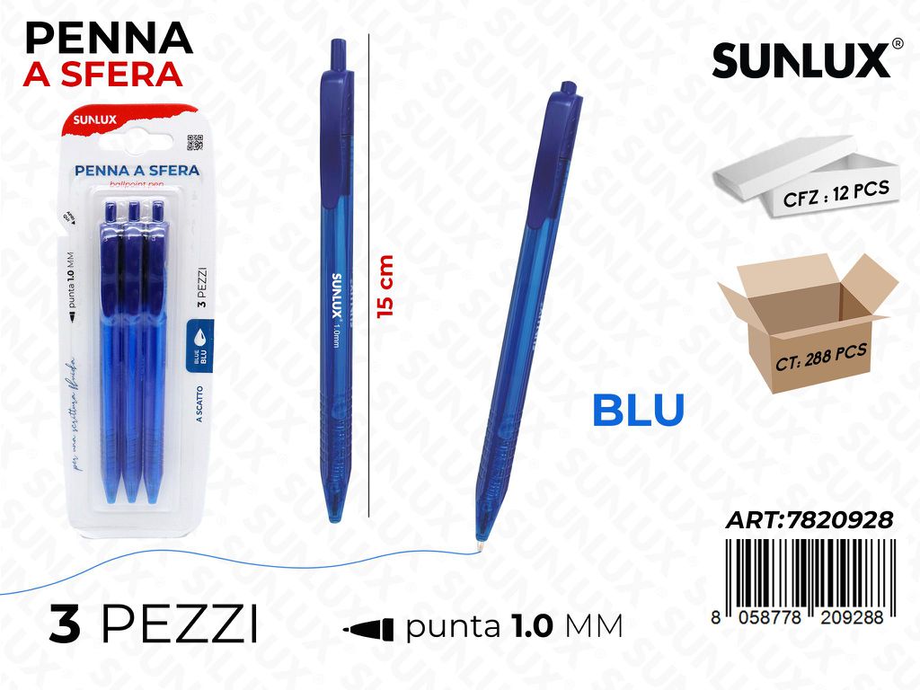 Sunlux Penna a Sfera a Scatto Blu 3PCS 1.0MM
