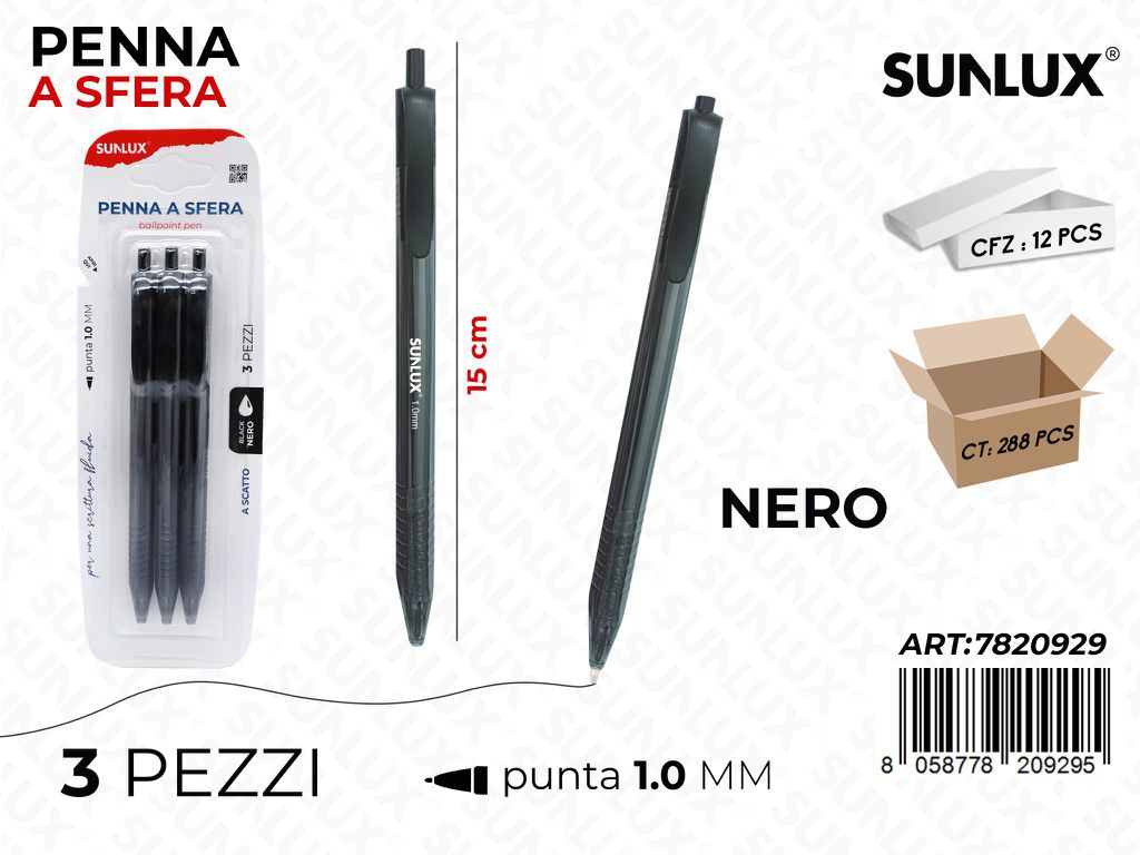 Sunlux Penna a Sfera a Scatto Nero 3PCS 1.0MM