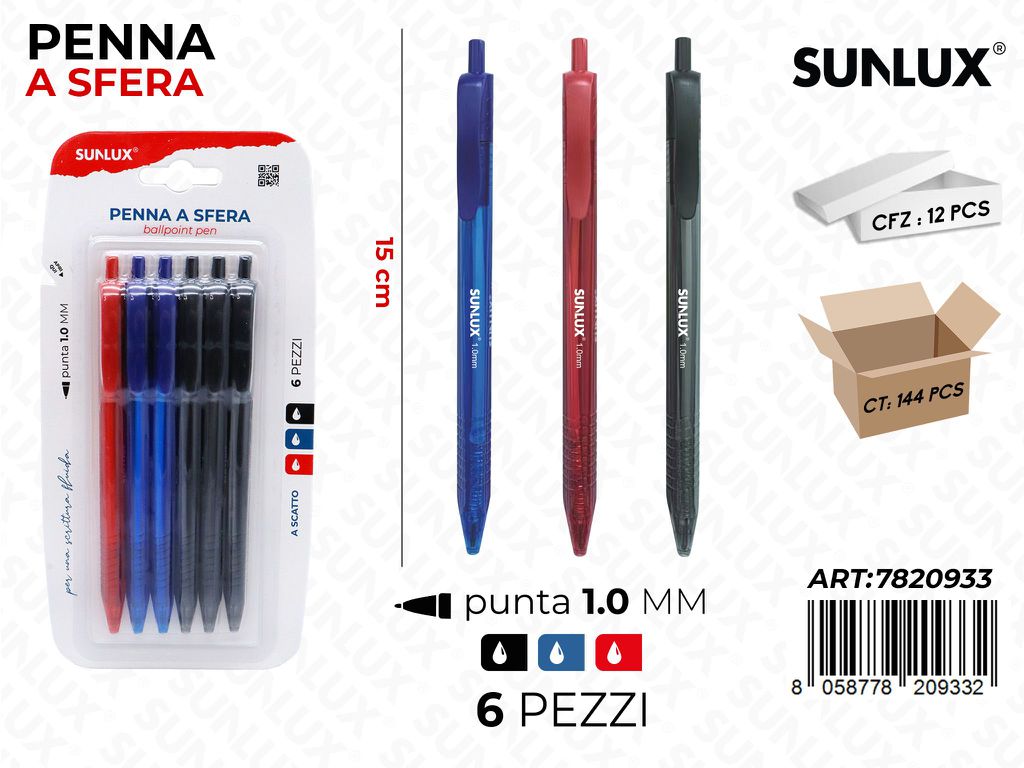 Sunlux Penna a Sfera a Scatto Col.ass. 6PCS 1.0MM