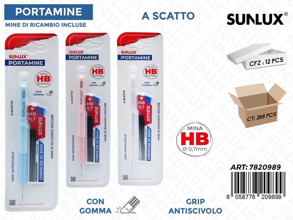 Sunlux Portamine a Scatto c/Gomma Hb 0.7MM Ass.