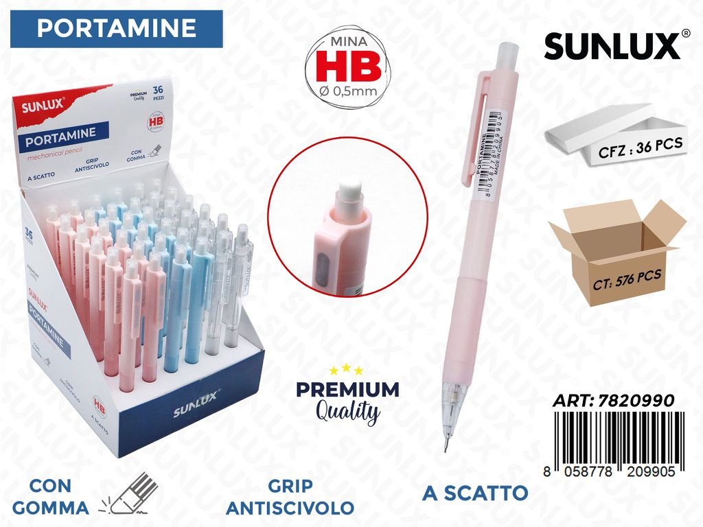 Sunlux Esp. Portamine a Scatto c/Gomma Hb 0.5MM Ass.