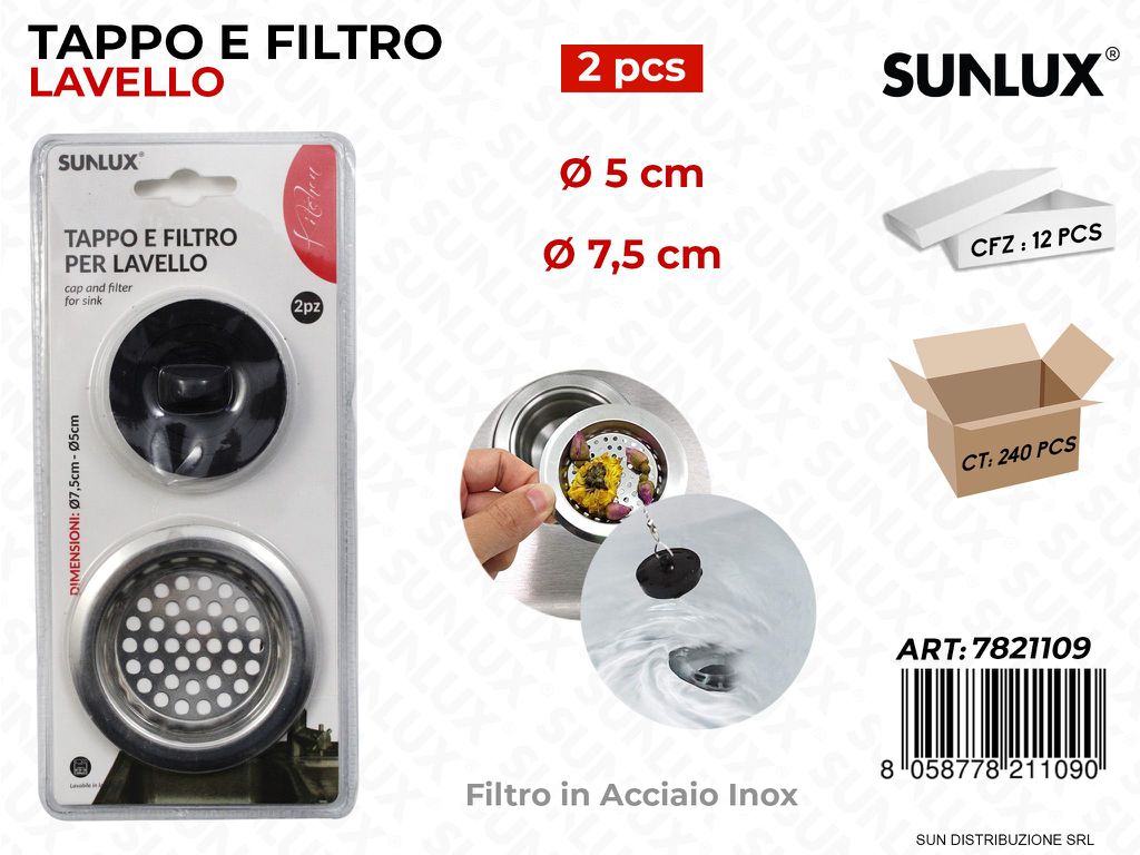 Tappo e Filtro Lavello Acciaio Inox 5-7.5CM/ Pz da 12