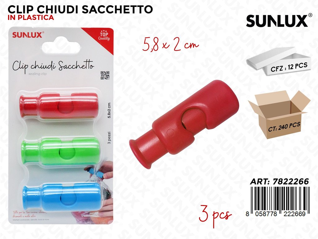 Sunlux Clip Chiudi Sacchetto 3PCS 5.38*2CM Ass.