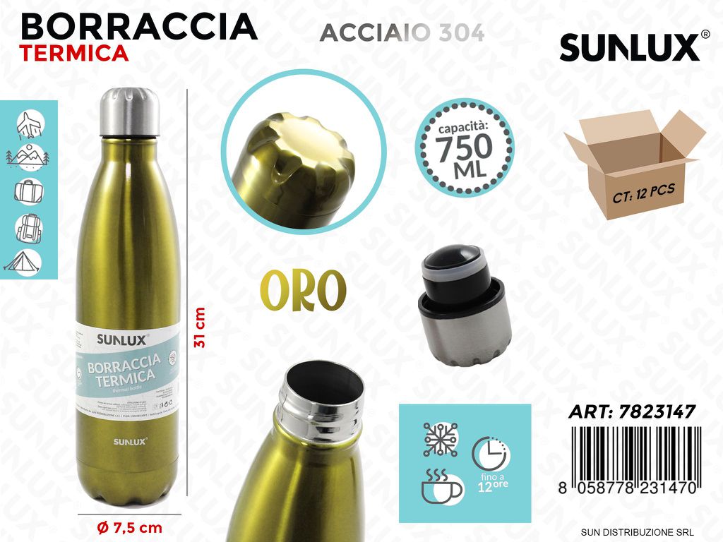 Borraccia Term. Oro Acciaio 304 750ML 7.5*31CM